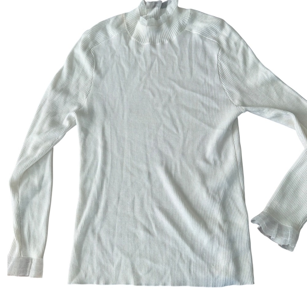 Anne Klein White Ribbed Mock Neck Top Mesh Ruffle Trim Womens M